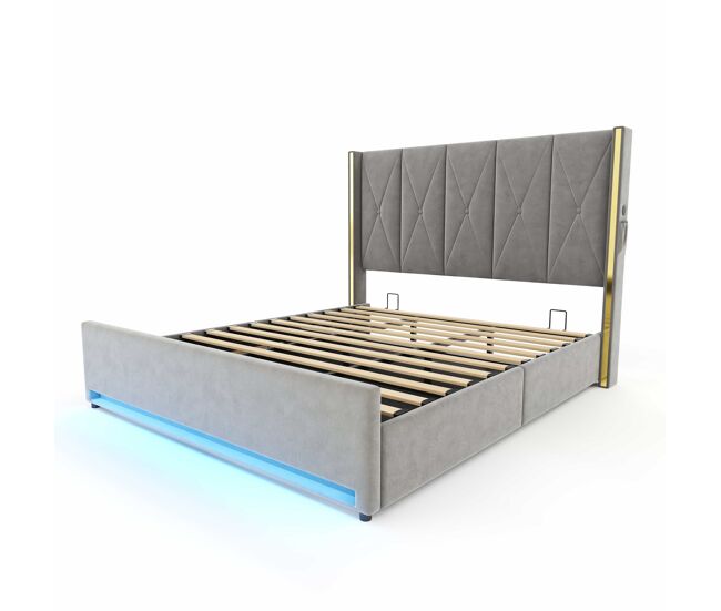 Cama de terciopelo 180×200 cm - cabecero alto, acolchado y tapizado, bolsillos laterales, usb & led, sistema hidráulico, gran almacenamiento bajo la