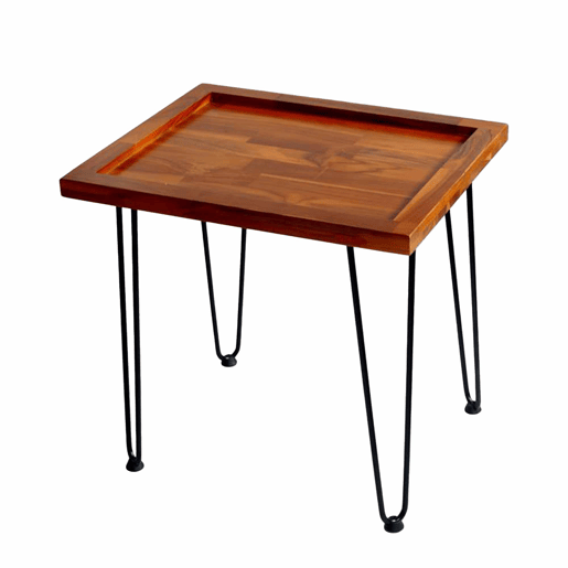 Mesa de chá grande - madeira de mogno com padrão de folhas, pés em ferro lacado - cor natural da madeira