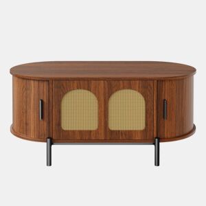 Mesa de centro oval 100 x 50 cm - portas de correr, acabamento com efeito de madeira, detalhes em rattan, pés metálicos, multifuncional com espaço de arrumação - nogueira