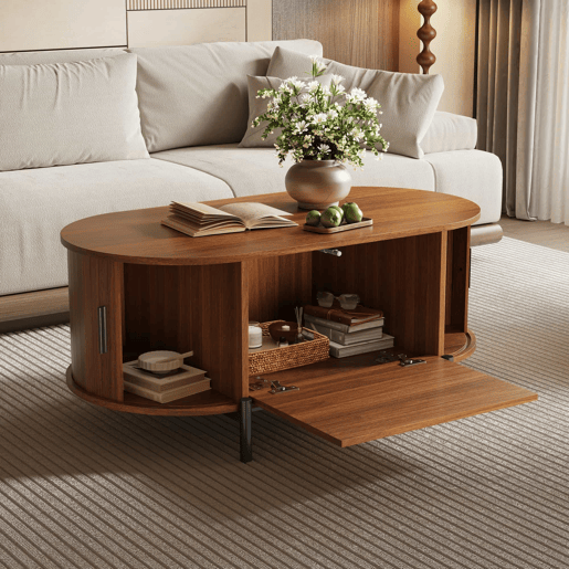 Mesa de centro oval 100 x 50 cm - portas de correr, acabamento com efeito de madeira, detalhes em rattan, pés metálicos, multifuncional com espaço de arrumação - nogueira