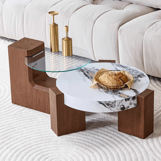 Conjunto de mesas de sala desmontáveis - MDF cor nogueira + vidro de segurança transparente de 0,6 cm - Combinável como mesa de café  Separado como duas mesas auxiliares - Cores: nogueira, branco