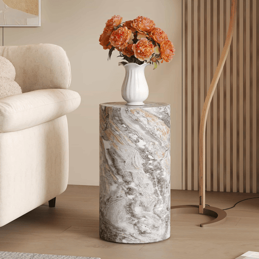 Mesa de centro redonda - MDF com acabamento em mármore cinzento - Design minimalista para sala de estar
