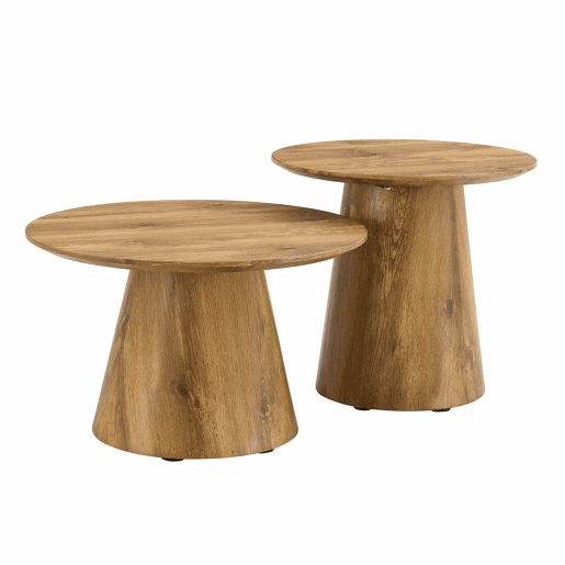 Conjunto de mesas de centro redondas 50x48 cm + 60x35 cm - MDF com acabamento em madeira natural, design empilhável, base estável para sala de estar ou lounge - Cor madeira
