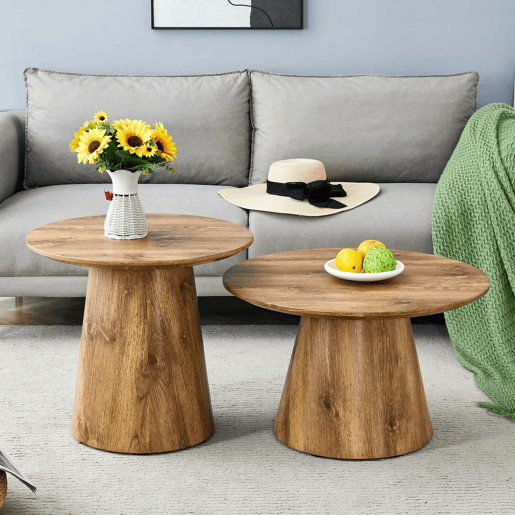 Conjunto de mesas de centro redondas 50x48 cm + 60x35 cm - MDF com acabamento em madeira natural, design empilhável, base estável para sala de estar ou lounge - Cor madeira