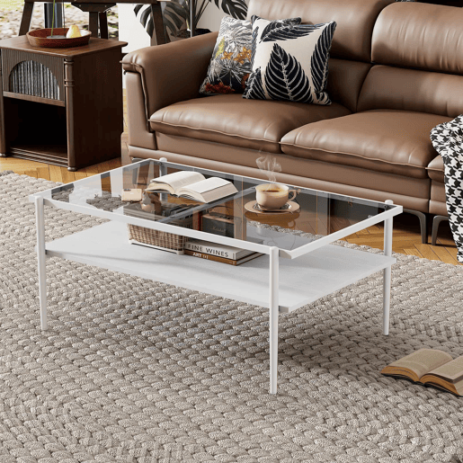 Mesa de centro 97,5 x 61,5 cm - vidro temperado, pés de metal, estilo moderno - Cinza + Branco