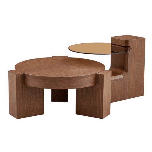 Conjunto de mesas de sala desmontáveis - Placa de vidro castanho transparente combinada com suportes de MDF com acabamento em nogueira - Cor nogueira