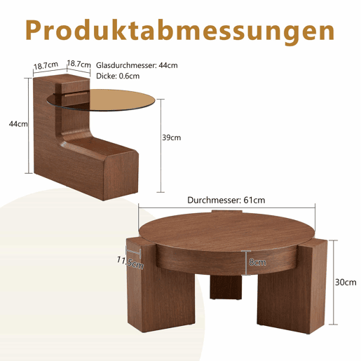 Conjunto de mesas de sala desmontáveis - Placa de vidro castanho transparente combinada com suportes de MDF com acabamento em nogueira - Cor nogueira
