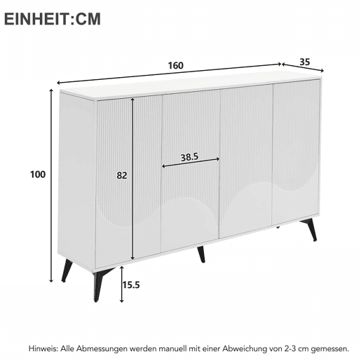 Aparador de 160 cm - 4 portas, prateleiras ajustáveis, multifuncional com pés metálicos - branco