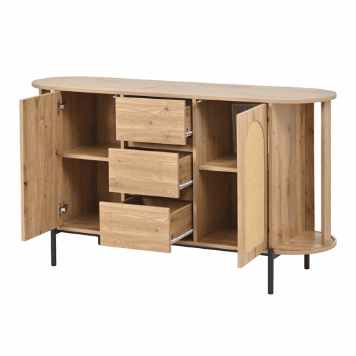 Aparador oval - com rattan, portas de correr, gavetas e prateleiras ajustáveis, acabamento em imitação de madeira, pés metálicos, armário de arrumação multifuncional - Natural