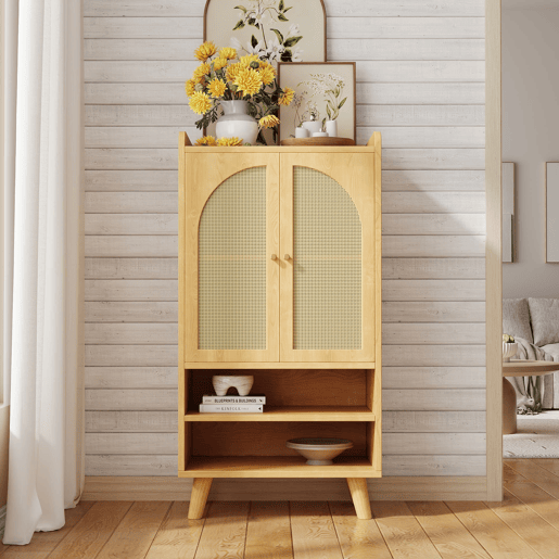 Aparador 60x40x121 cm - 2 portas de rattan, 2 compartimentos abertos, madeira - Natural Aparador 60x40x121 cm - 2 portas de rattan, 2 compartimentos abertos, madeira - Natural