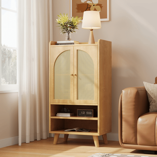 Aparador 60x40x121 cm - 2 portas de rattan, 2 compartimentos abertos, madeira - Natural Aparador 60x40x121 cm - 2 portas de rattan, 2 compartimentos abertos, madeira - Natural