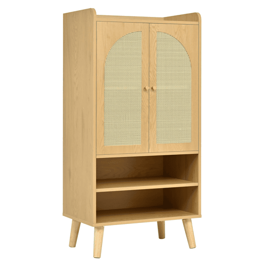 Aparador 60x40x121 cm - 2 portas de rattan, 2 compartimentos abertos, madeira - Natural Aparador 60x40x121 cm - 2 portas de rattan, 2 compartimentos abertos, madeira - Natural
