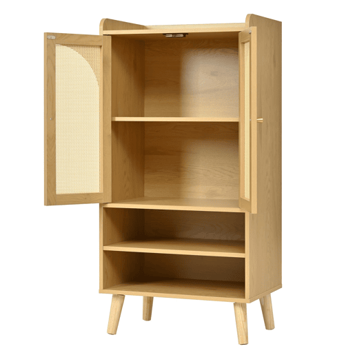 Aparador 60x40x121 cm - 2 portas de rattan, 2 compartimentos abertos, madeira - Natural Aparador 60x40x121 cm - 2 portas de rattan, 2 compartimentos abertos, madeira - Natural
