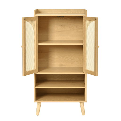 Aparador 60x40x121 cm - 2 portas de rattan, 2 compartimentos abertos, madeira - Natural Aparador 60x40x121 cm - 2 portas de rattan, 2 compartimentos abertos, madeira - Natural