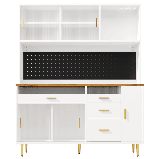 Armário alto para sala 145x24x171 cm - com LED e prateleiras tipo painel perfurado - Branco