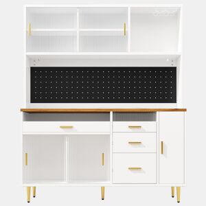 Armário alto para sala 145x24x171 cm - com LED e prateleiras tipo painel perfurado - Branco