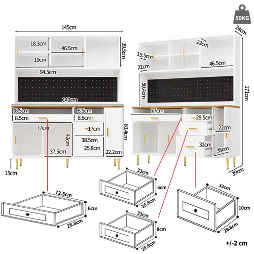 Armário alto para sala 145x24x171 cm - com LED e prateleiras tipo painel perfurado - Branco