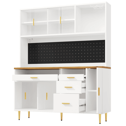 Armário alto para sala 145x24x171 cm - com LED e prateleiras tipo painel perfurado - Branco