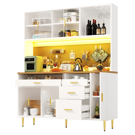 Armário alto para sala 145x24x171 cm - com LED e prateleiras tipo painel perfurado - Branco