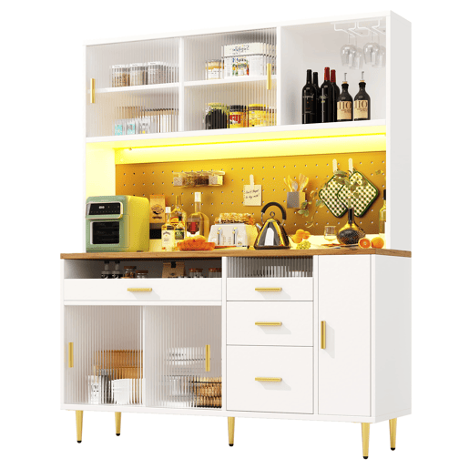 Armário alto para sala 145x24x171 cm - com LED e prateleiras tipo painel perfurado - Branco