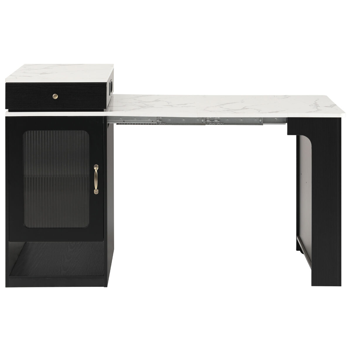 Isla de cocina con ruedas - mesa extensible con tablero extraíble y enchufes - blanco+negro