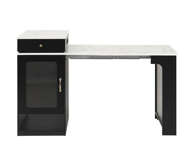 Isla de cocina con ruedas - mesa extensible con tablero extraíble y enchufes - blanco+negro