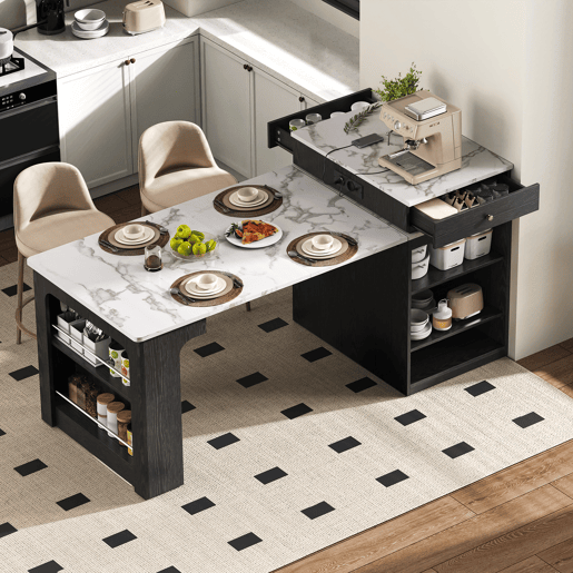 Ilha de cozinha com rodas - Mesa extensível com tampo removível e tomadas - Branco+Preto