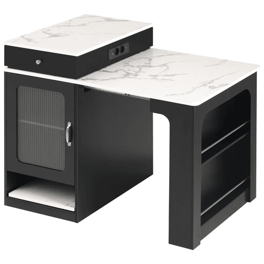 Ilha de cozinha com rodas - Mesa extensível com tampo removível e tomadas - Branco+Preto
