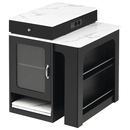Ilha de cozinha com rodas - Mesa extensível com tampo removível e tomadas - Branco+Preto
