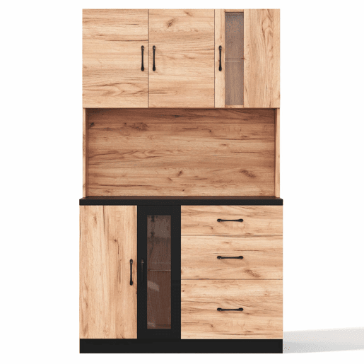 Armário alto de cozinha 105 x 40 x 180 cm - moderno, em preto e madeira, com LED e tomada de estilo europeu - Neutral Armário alto de cozinha 105 x 40 x 180 cm - moderno, em preto e madeira, com LED e tomada de estilo europeu - Neutral