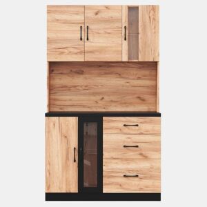 Armário alto de cozinha 105 x 40 x 180 cm - moderno, em preto e madeira, com LED e tomada de estilo europeu - Neutral