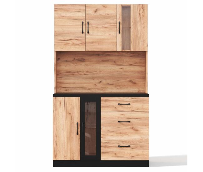 Armario alto de cocina 105x40x180 cm - moderno, negro y madera, con led y enchufe estilo europeo - neutral