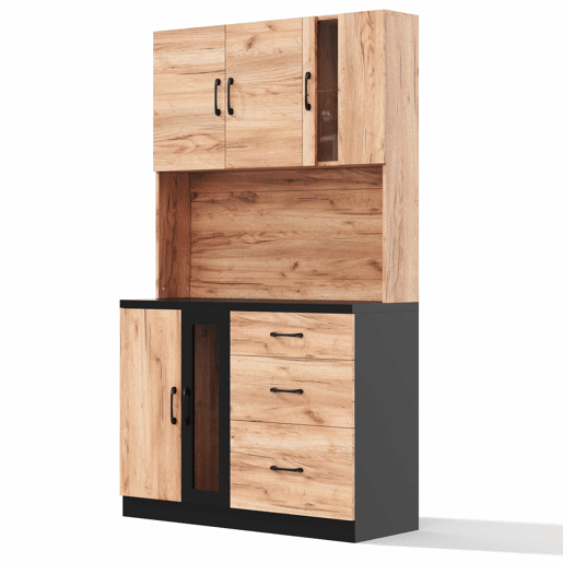 Armário alto de cozinha 105 x 40 x 180 cm - moderno, em preto e madeira, com LED e tomada de estilo europeu - Neutral Armário alto de cozinha 105 x 40 x 180 cm - moderno, em preto e madeira, com LED e tomada de estilo europeu - Neutral