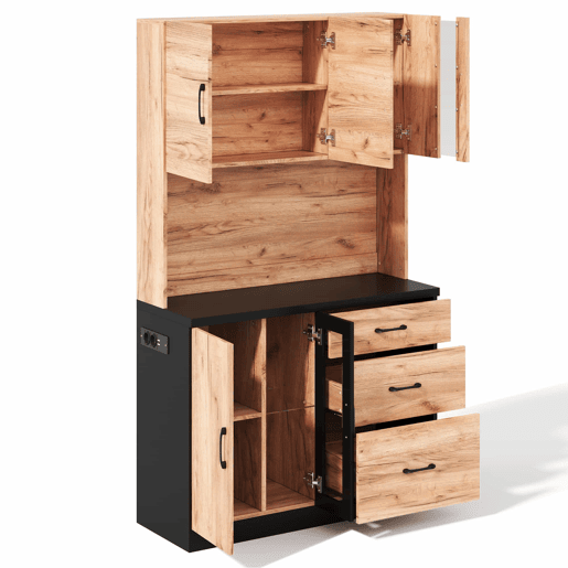 Armário alto de cozinha 105 x 40 x 180 cm - moderno, em preto e madeira, com LED e tomada de estilo europeu - Neutral Armário alto de cozinha 105 x 40 x 180 cm - moderno, em preto e madeira, com LED e tomada de estilo europeu - Neutral