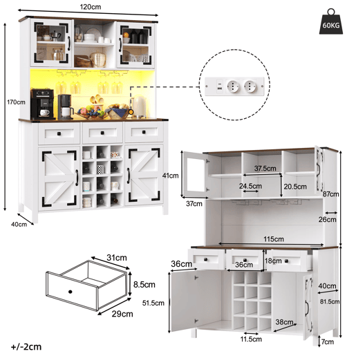 Armário alto de cozinha 120x40x170cm - 4 portas, 3 gavetas, USB, LED - Branco