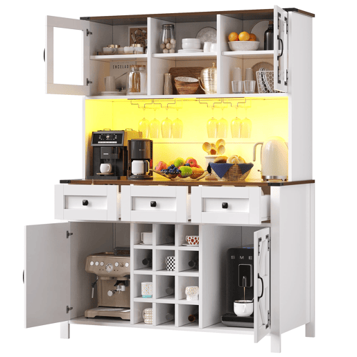 Armário alto de cozinha 120x40x170cm - 4 portas, 3 gavetas, USB, LED - Branco