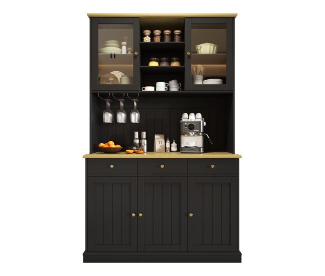 Aparador alto 120x40x191 cm - puertas de cristal, almacenamiento, enchufe y usb - negro