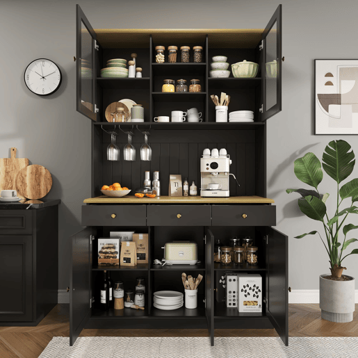 Aparador alto 120x40x191 cm - portas de vidro, arrumação, tomada e USB - preto Aparador alto 120x40x191 cm - portas de vidro, arrumação, tomada e USB - preto
