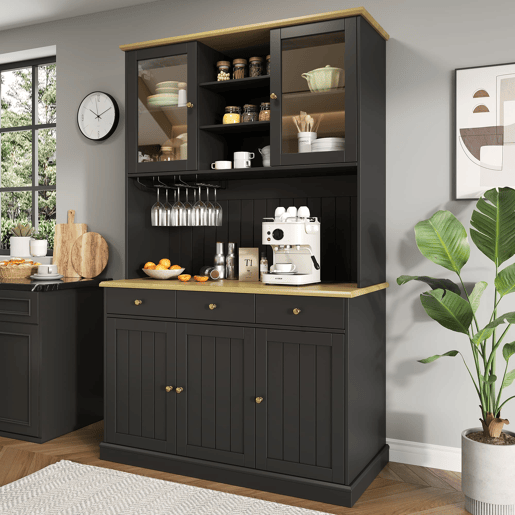 Aparador alto 120x40x191 cm - portas de vidro, arrumação, tomada e USB - preto Aparador alto 120x40x191 cm - portas de vidro, arrumação, tomada e USB - preto