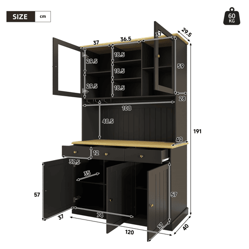 Aparador alto 120x40x191 cm - portas de vidro, arrumação, tomada e USB - preto Aparador alto 120x40x191 cm - portas de vidro, arrumação, tomada e USB - preto