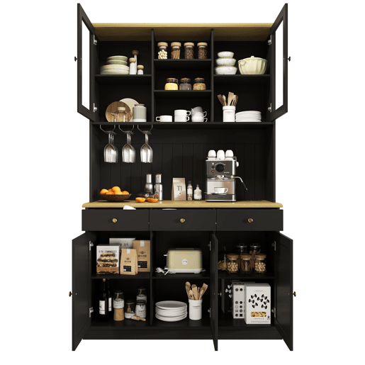 Aparador alto 120x40x191 cm - portas de vidro, arrumação, tomada e USB - preto Aparador alto 120x40x191 cm - portas de vidro, arrumação, tomada e USB - preto