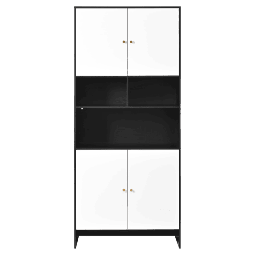Aparador 80x40x185 cm - 4 portas 3 prateleiras abertas em madeira - Branco e Preto