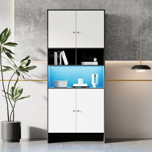 Aparador 80x40x185 cm - 4 portas 3 prateleiras abertas em madeira - Branco e Preto