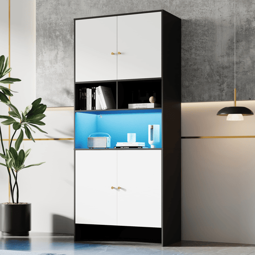 Aparador 80x40x185 cm - 4 portas 3 prateleiras abertas em madeira - Branco e Preto