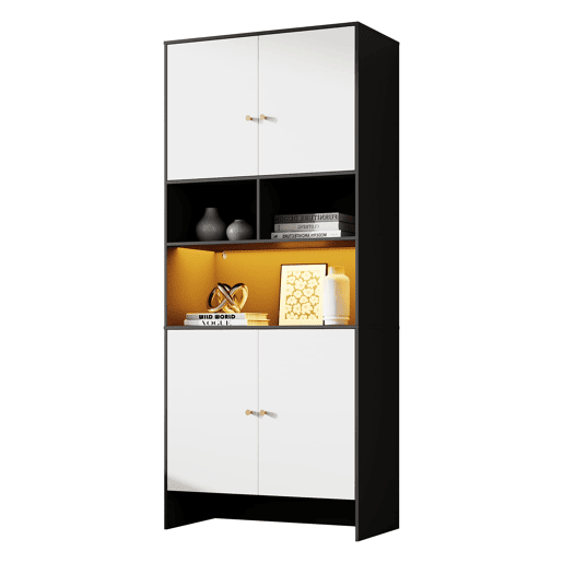 Aparador 80x40x185 cm - 4 portas 3 prateleiras abertas em madeira - Branco e Preto