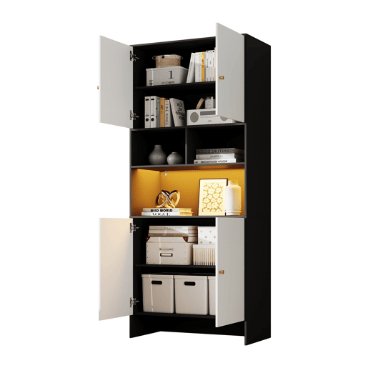 Aparador 80x40x185 cm - 4 portas 3 prateleiras abertas em madeira - Branco e Preto