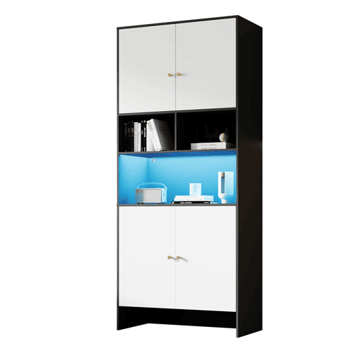 Aparador 80x40x185 cm - 4 portas 3 prateleiras abertas em madeira - Branco e Preto