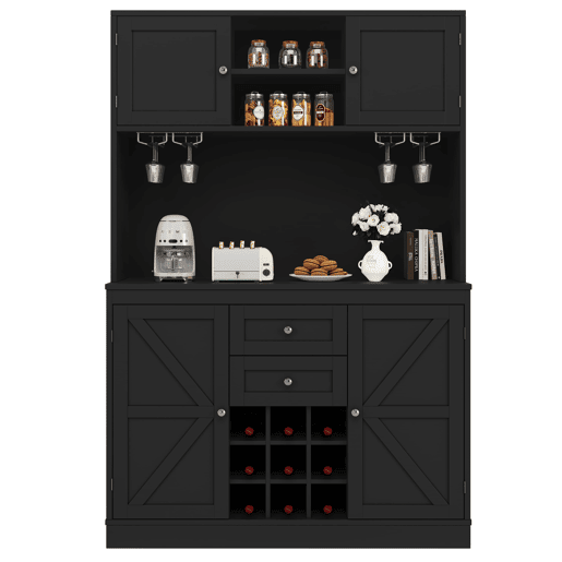 Aparador de cozinha com 4 portas - Prateleiras ajustáveis, vinoteca, 2 gavetas - Preto