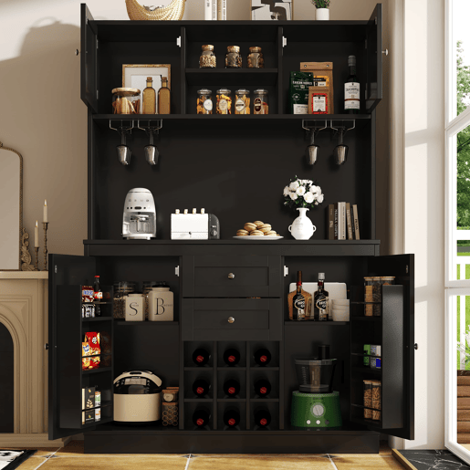 Aparador de cozinha com 4 portas - Prateleiras ajustáveis, vinoteca, 2 gavetas - Preto