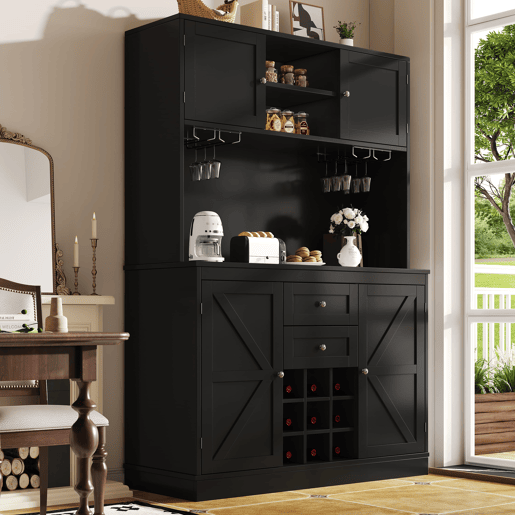 Aparador de cozinha com 4 portas - Prateleiras ajustáveis, vinoteca, 2 gavetas - Preto